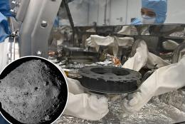 Asteroid and scientist examining sample