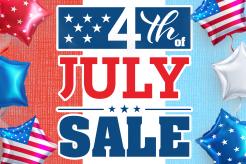 Red, white, and blue text with balloons for Amazon's July Fourth sale